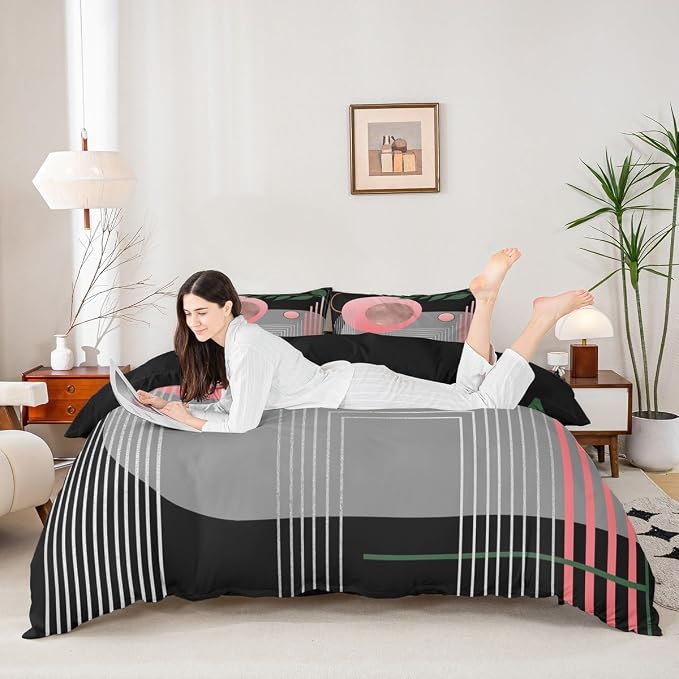 Erosebridal Boho Mid Century Duvet Cover King Size Pink and Gray Neutral Modern Comforter Cover Geometric Abstract Bedding Set Minimalist Aesthetic Bed Set