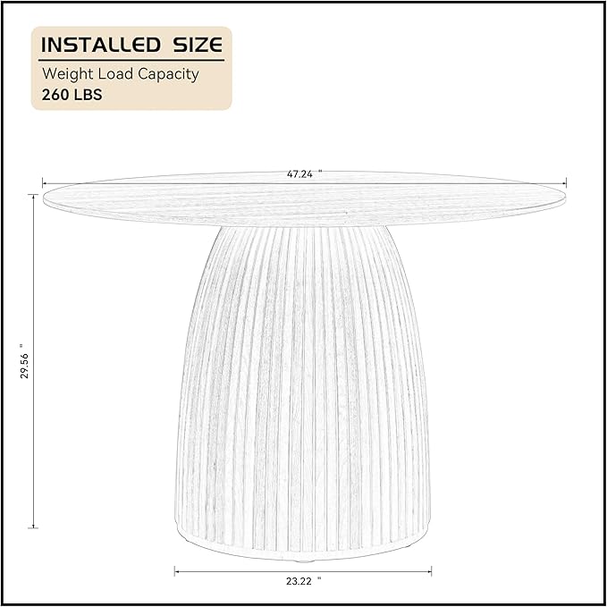 47.24" Round Dining Table for 4 6 People, Modern Farmhouse Wood Dining Room Table with Circle Table Top & Fluted Circular Drum Pedestal Base for Kitchen, Restaurant, Café, Oak
