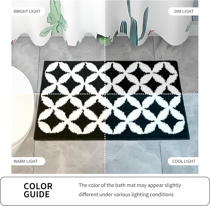 Civkor Black and White Bathroom Rug Non Slip Washable, Tufted Bath Mat for Bathroom with TPR Backing, Quick Dry Fluffy Microfiber Piles, Super Water Absorbent Thin Bath Rug Fit Under Door, 24x16Inch