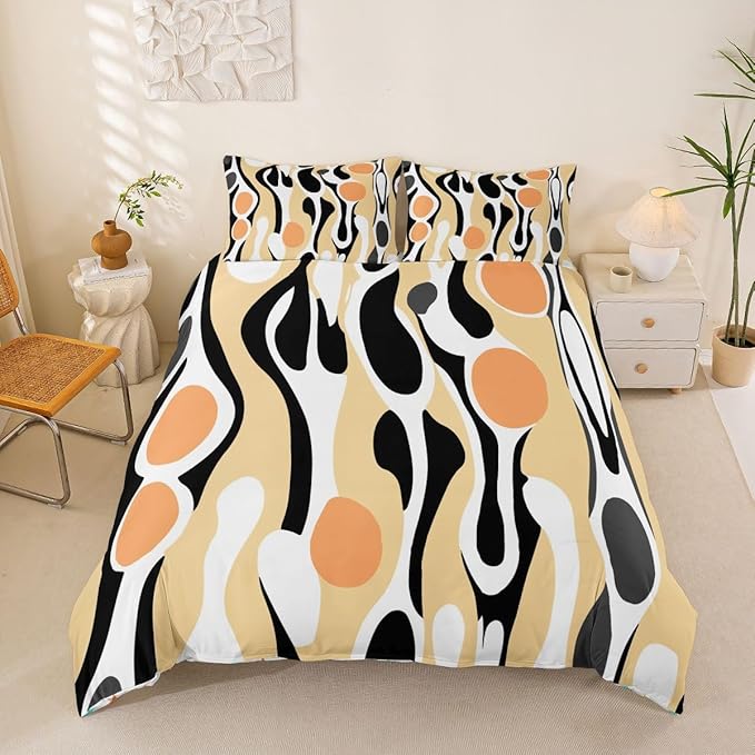 Erosebridal Organic Abstract Duvet Cover Set Modern Contemporary King Bedding Set for Adult Men Boho Mid Century Wavy Lines Comforter Cover Retro Geometric Bed Sets,Light Beige Peach