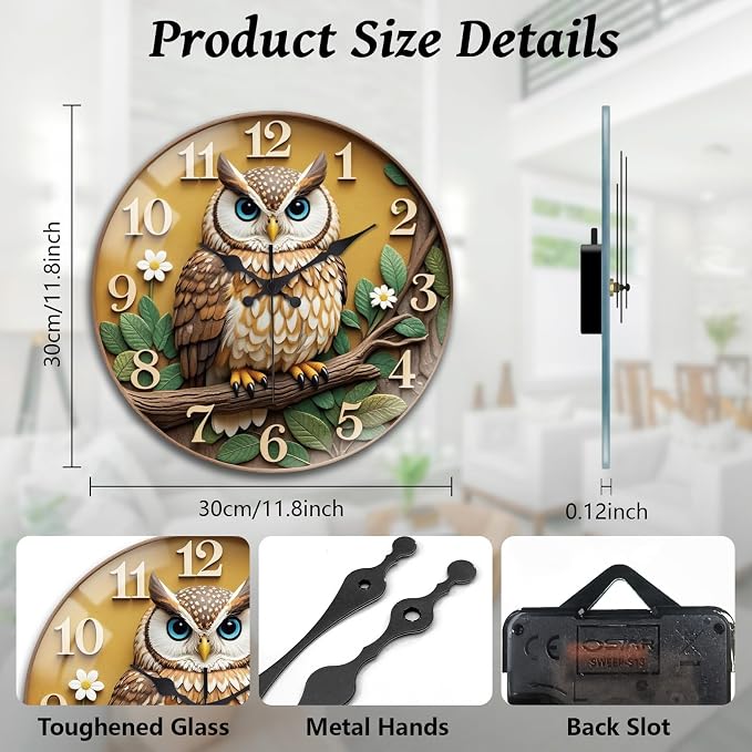 peacoblue Wall Clocks Battery Operated 12 Inch Owl Glass Round Wall Clock Non Ticking for Kitchen Living Room Dining Room Bedroom and Bathroom Decor Accessories (Battery not Included)