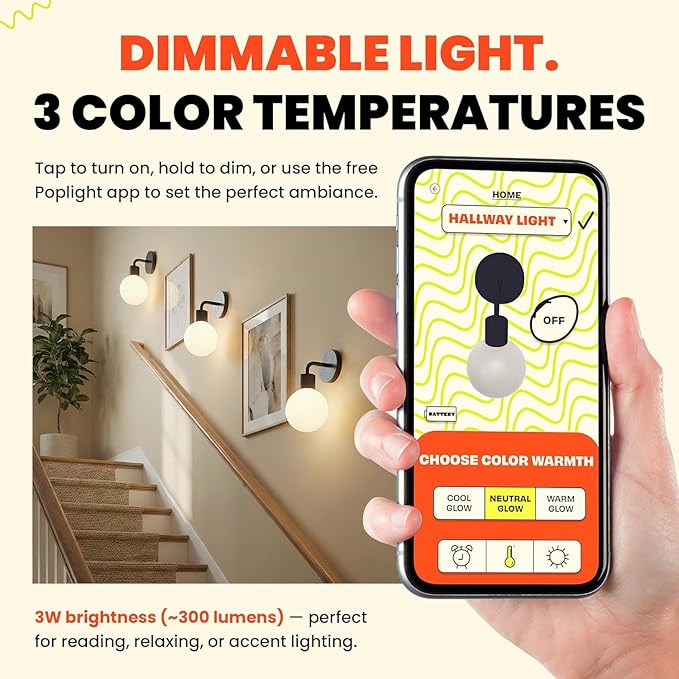 Wireless Wall Sconce (Shark Tank) Rechargeable & Dimmable LED Light w/App Control & Damage-Free Install, Moveable Modern Ambient Lighting for Elegant Home & Bedroom Decor | Matte Black