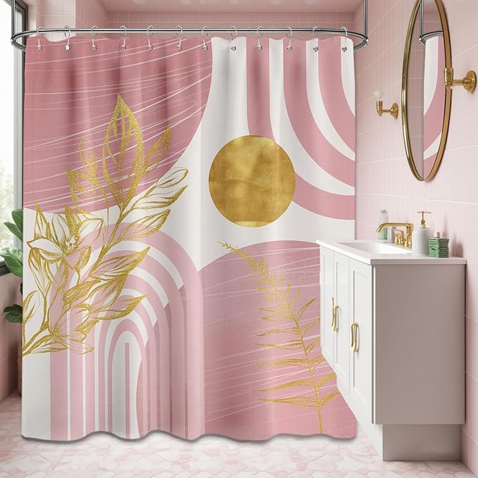 Blush Pink and Gold Shower Curtain Boho Mid Century Light Pink and White Shower Curtains for Bathroom Decor, Waterproof Cloth Fabric with Hooks, 70" W x 84" L