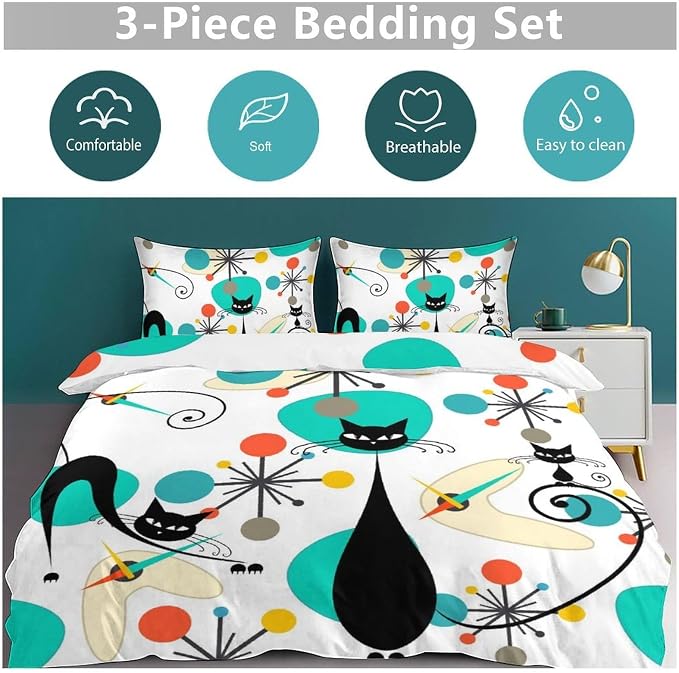 Mid Century Cat Bedding Set,Retro Black Cat Atomic Diamond Star Abstract Geometric Minimalist Simple Modern Comforter Set with Pillowcase for Bedroom Bed Decor，Twin 86"x70"