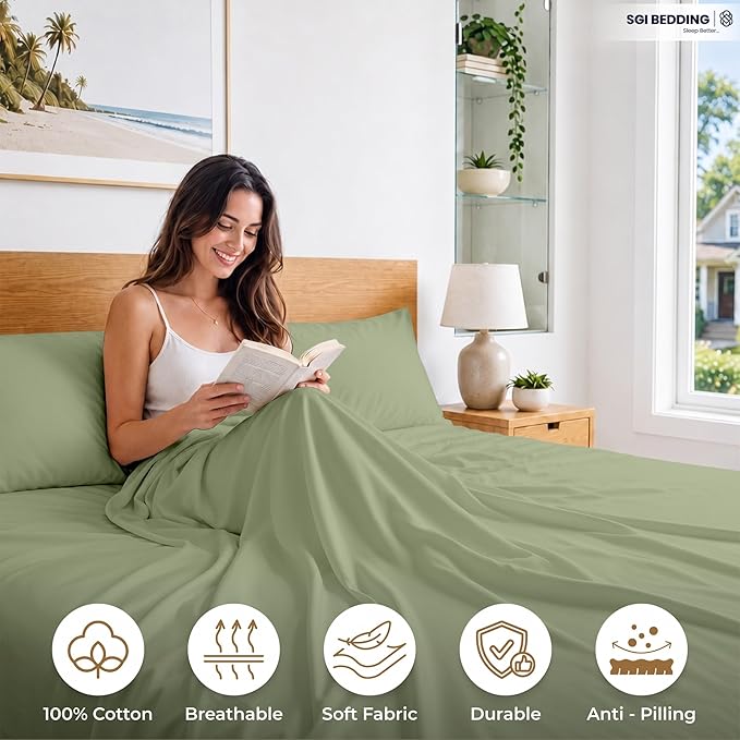 SGI bedding 100% Egyptian Cotton Sheets Full XL Size – 600 Thread Count Sheets Set, Soft, Cooling, 15" Deep Pocket, Luxury Hotel Bedding, Breathable, Durable - Moss