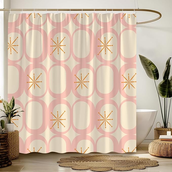 Mid Century Shower Curtain Modern Abstract Atomic Starbursts Squares Retro 50s Geometric Bathroom Decor Polyester Curtains with Hooks