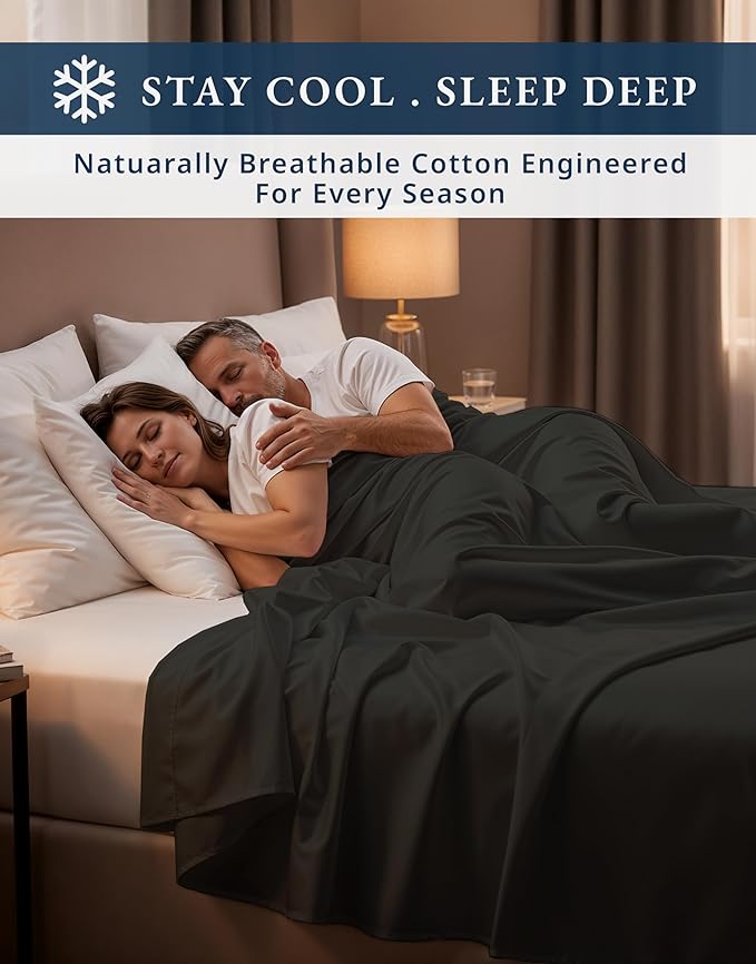 100% Egyptian Cotton Sheets Queen Size Bed Set – Naturally Cooling & Breathable Sateen Queen Sheets Set, Authentic Long-Staple Cotton for Lasting Softness, Snug Fit 15" Deep Pocket Fitted - Black