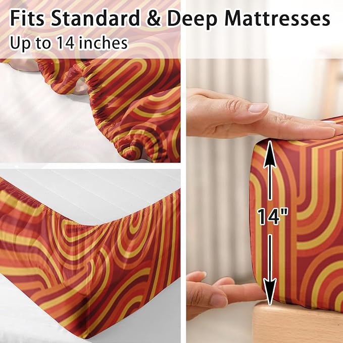 Pamnest Full Size Bed Sheet Sets, 70S Vintage Geometric Soft Microfiber 4 Pcs Bedding Sets for Kids and Adults Bedroom Bed Decor, Mid Century Yellow Flat, Fitted Sheet and 2 Pillowcases