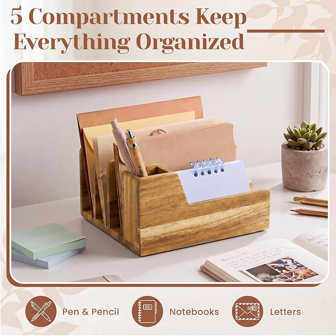 Novabright Acacia Wood Mail Organizer with Pen Holder, 5 Slot Desk File Organizer, Wooden Letter Sorter for Desk, Compact Desktop Document Holder for Home Office Storage