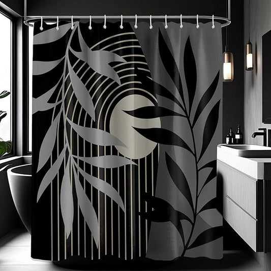 Boho Black and Grey Shower Curtain, Mid Century Modern Black and Gray Shower Curtains for Bathroom, Waterproof Fabric Set with Hooks, (70" W X 78" L)