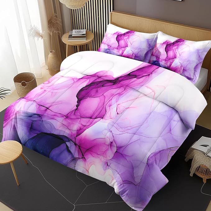 Comforter Set with Pillowcase Twin Size, Blue Purple Lavender Marble, Bed Decor Pink Watercolor Smoke Abstract Shapes for Kids and Adults, Soft Cozy Bedroom Bedding Set