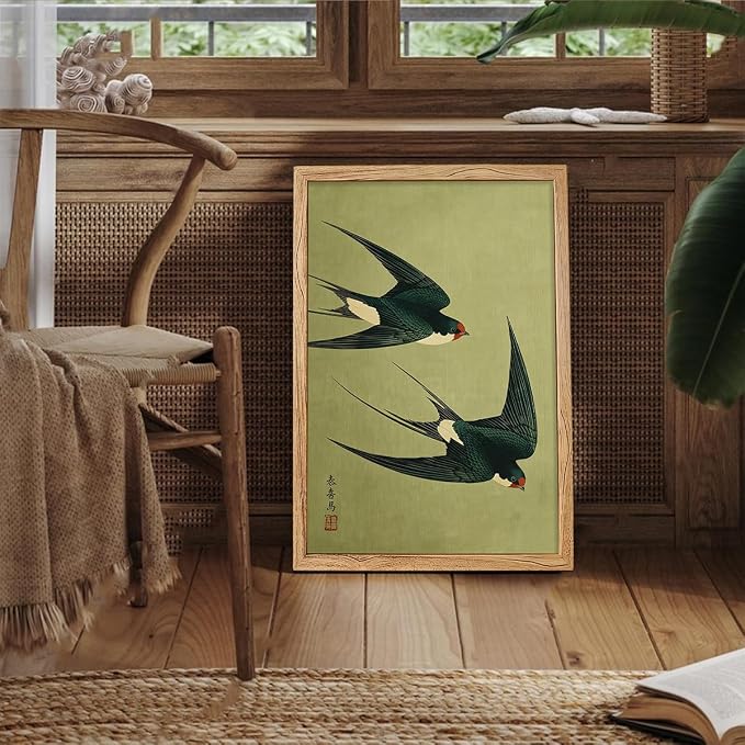 Framed Japanese Flying Swallow Wall Art Asian Japandi Bird Animal Poster Nature Vintage Green Canvas Prints for Living Room Bedroom Home Decor 24x36 inch