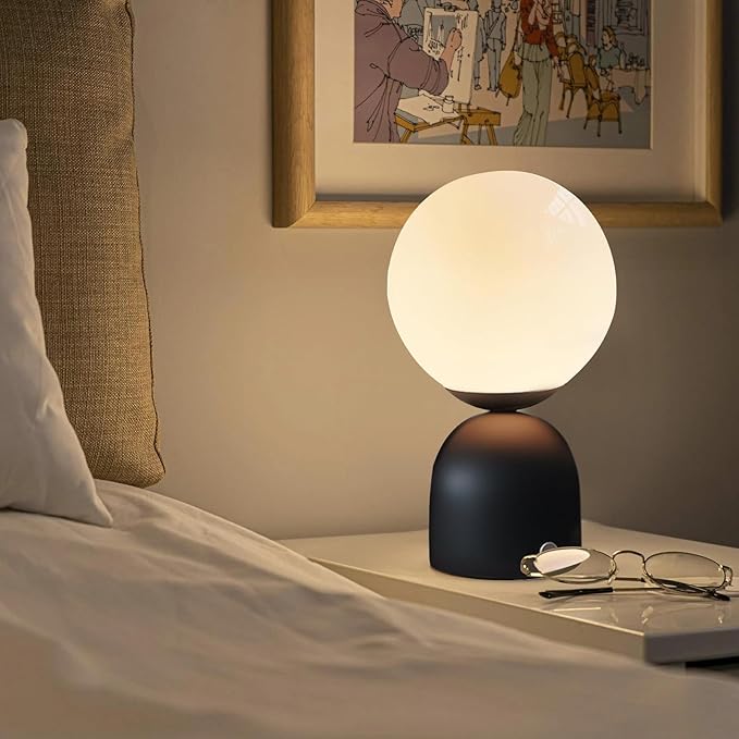 Cordless Globe Glass Table lamp Black, 5200-mAh Rechargeable Orb Lamp, 3-Level Brightness Dimmable, Integrated LED 320 Lumen Max, for Bedside Nightstand Light