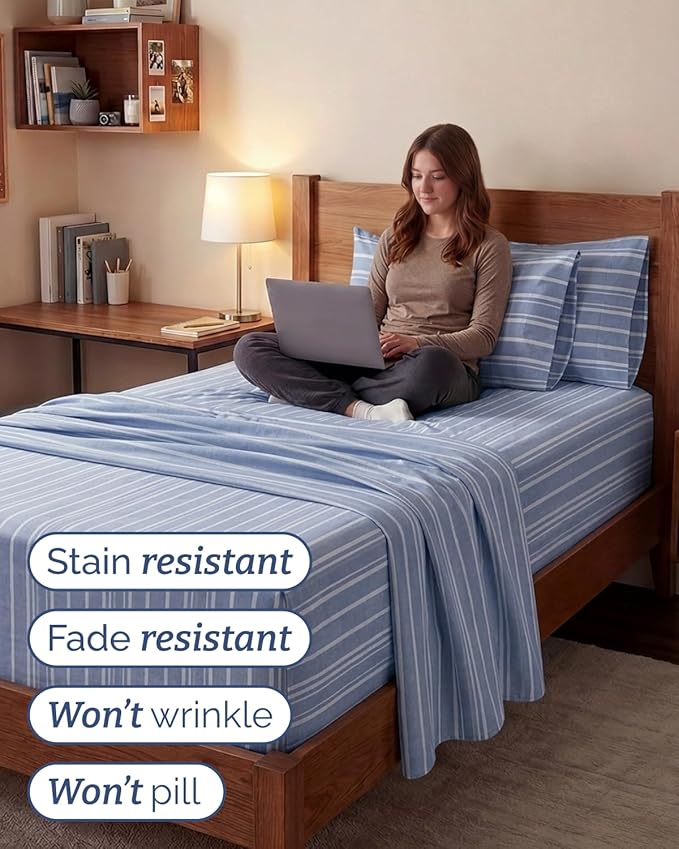 Extra Deep Twin XL Sheet Set - 4 Piece College Dorm Bed Sheets Set with Extra Deep Pockets - Ultra-Soft, Comfy & Breathable Bedding for Women, Men, Kids & Teens - Wrinkle & Fade Free - Blue Stripes 3