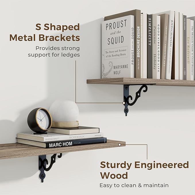 RICHFOCUS Floating Shelves for Wall Decor, 39.4W x 8D Shelves Set of 2, 8 Inch Deep Rustic Wood Shelves Wall Mounted with Brackets, Long Floating Shelves for Living Room Bedroom Kitchen, Grey