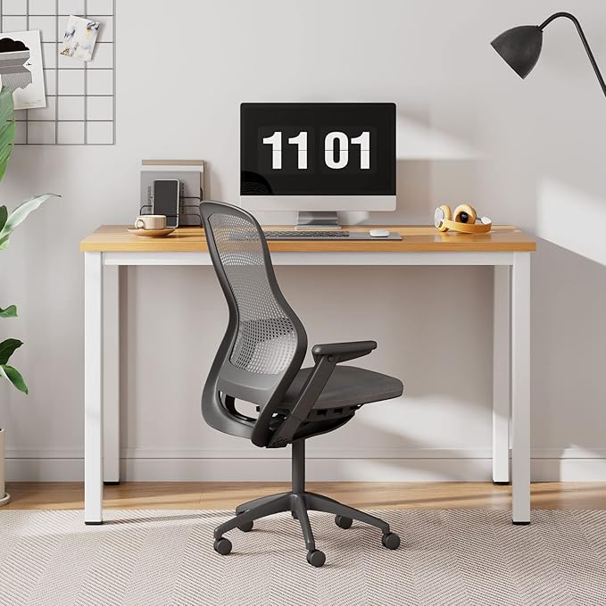 Need 39.4 inch Small Computer Desk, Sturdy Writing Desk for Small Spaces, Teens Computer Desks Study Table Laptop for Home Office, White Metal Frame, Teak Tabletop