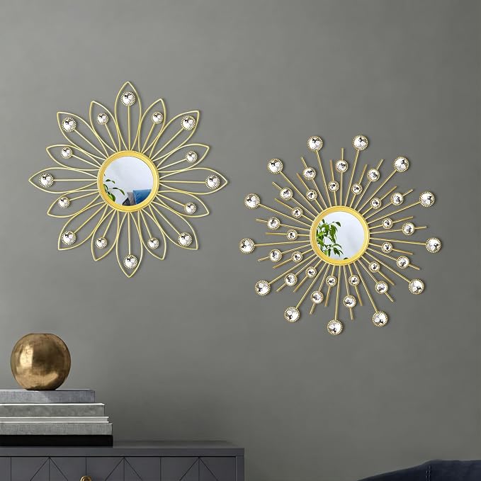 2 Pack Metal Mirrors for Wall Boho Sunburst Wall Mirror Home Decor Modern Decorative Wall Art for Bedroom Living Room Entryway