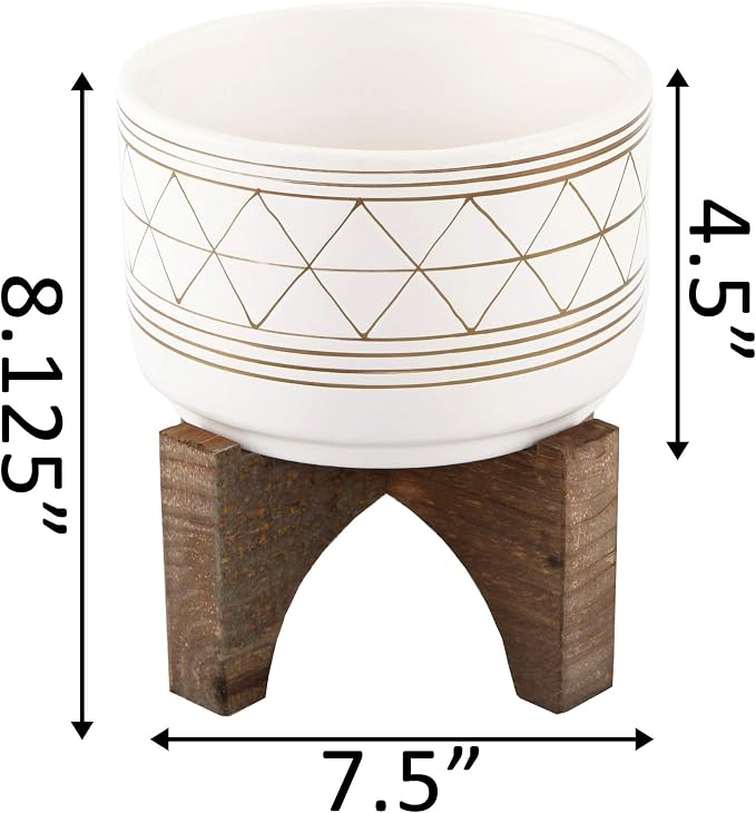 Flora Bunda 7 Inch White Gold Line GEO Ceramic ON Stand Mid Century,7" White/Gold Line