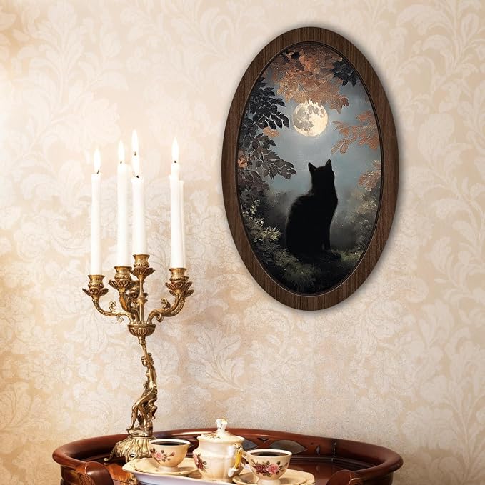 UYIKG Vintage Black Cat Moon Oval Wall Art,Rustic Farmhouse Cottagecore Oval Wall Decor,Farmhouse Country Wooden Framed Decor for Home Bedroom Living Room Reading Room 9x14.6 in