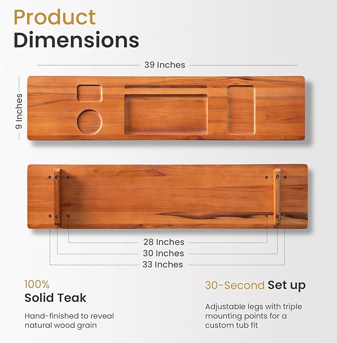 Teak Wood Bathtub Tray Caddy, 39 Inch Adjustable Bath Tub Tray for Freestanding Tubs, with Non-Slip Phone & Wine Glass Holder, Book Stand for Relaxing Bath