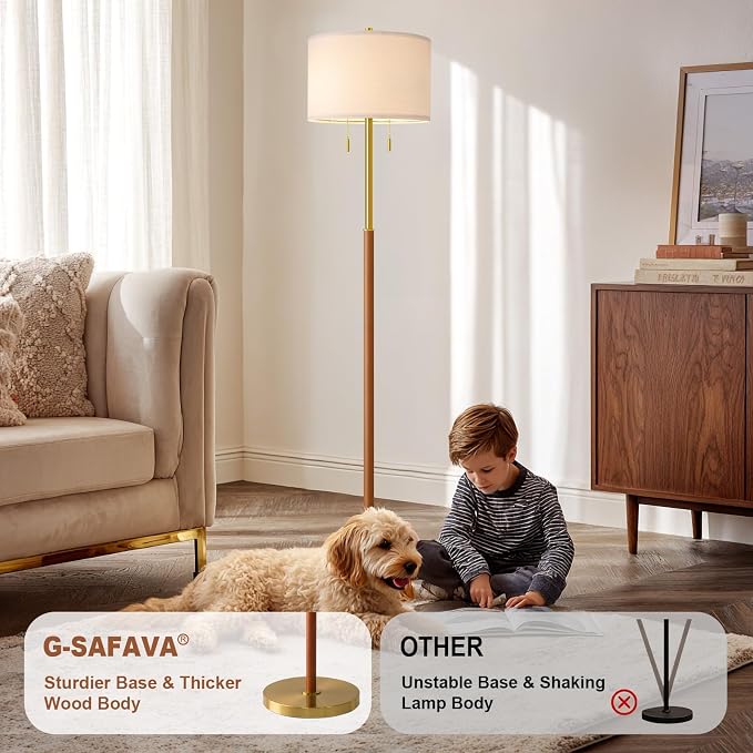 G-SAFAVA Floor Lamp 61" Wood Lamps for Living Room Bedroom 2-Lights Mid Century Modern Standing Tall Lamps for Office Nursery Corner Reading Room Lamp, 3 Color Temperatures 9W Bulbs Included, Gold