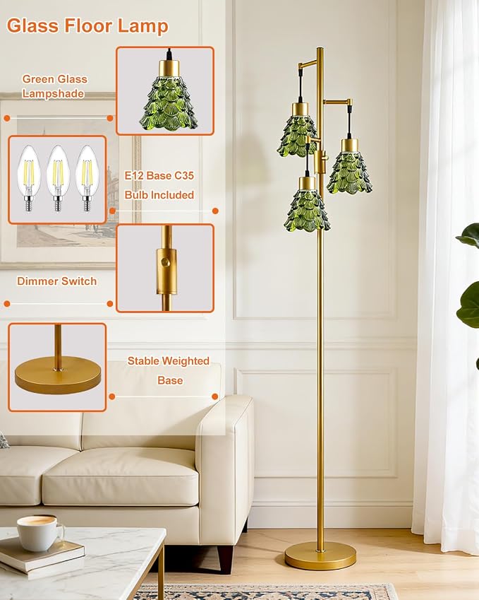 3-Light Modern Glass Floor Lamp, Gold Standing Tall Lamp with Green Pinecone Glass Shade for Reading, Dimmable LED Floor Lamp with 5Lbs Heavy Base for Living Room Bedroom Home Decor, Bulb Included