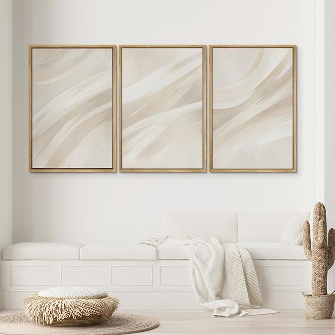 SIGNWIN Framed Canvas Print Wall Art Set Abstract Beige Flow Neutral Brushstroke Illustrations Modern Art Decorative Boho Relax/Zen Nordic for Living Room, Bedroom, Office - 16"x24"x3 Natural