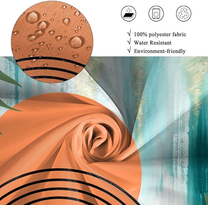 Modern Boho Teal Shower Curtain for Bathroom Abstract Minimalist Bathroom Decor Set Green Leaves Arch Orange Sun Bathtub Curtains Machine Washable Waterproof Polyester Fabric with Hooks 69x70 Inch