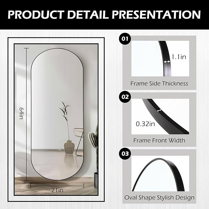 Arched Full Length Floor Mirror, Oval Full Floor Mirror, Large Wall Mounted Arched-Top Body for Living Room, Bedroom, Bathroom, Entryway, Dressing Room (Black, 64 * 21)