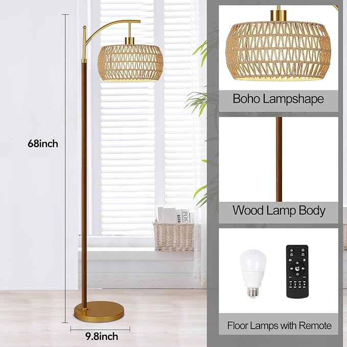 ILLMTW Boho Floor Lamp for Living Room,Bedroom,Rattan Standing Lamp with Remote Dimmable,Wood Vintage Mid Century Modern Gold Tall Lamp Wicker Lamp Shade Floor Lights Bohemian Tiffany Style