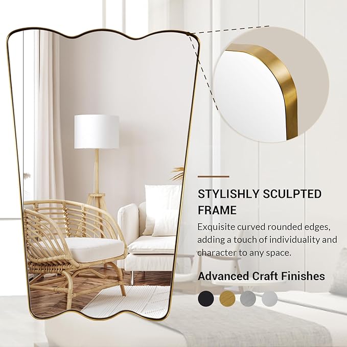 ANDY STAR 24x36 Inch Brushed Gold Scalloped Mirror, Antique Brass Irregular Bathroom Mirror -Butterfly Shape Asymmetrical Mirror for Powder Room