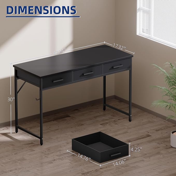 Pamray 47 Inch Small Computer Desk with 3 Drawers for Bedroom Study Writing Home Office Table for Small Spaces Vintage
