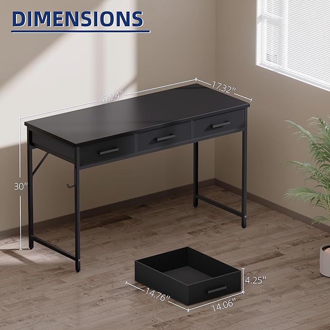Pamray 47 Inch Small Computer Desk with 3 Drawers for Bedroom Study Writing Home Office Table for Small Spaces Grey
