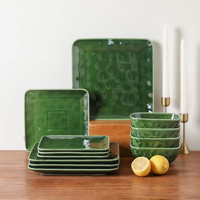 vicrays Ceramic Square 12 Pieces Dinnerware Set - Dinner Plates Salad Plates Cereal Bowls Set Service for 4 - Scratch Resistant Microwave Oven Dishwasher Safe - Green