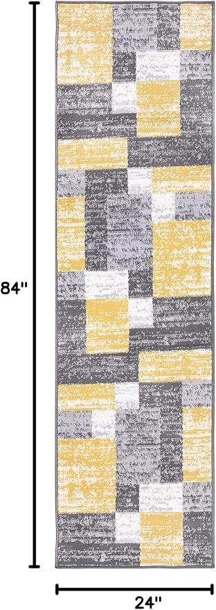 Rugshop Oslo Modern Yellow Runner Rug, Geometric Box Design, Fade-Resistant Carpet for Hallway or Kitchen, 2' x 7'