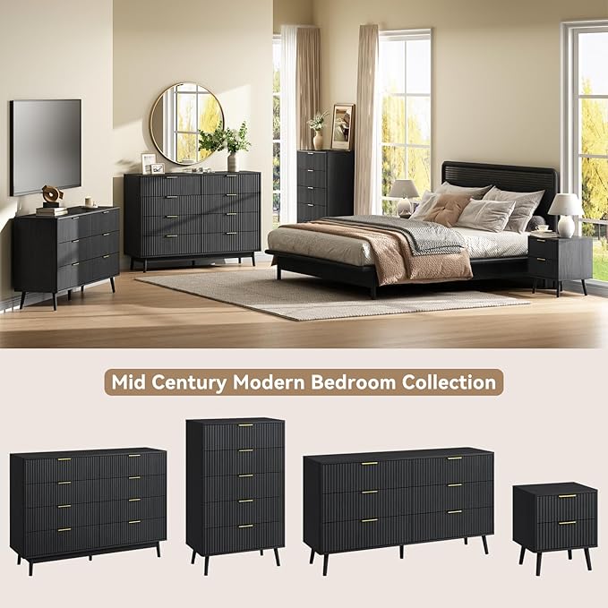CARPETNAL Fluted Dresser and Nightstand Sets for Bedroom, 3 Pcs Bedroom Set, 8-Drawer Dresser & 2-Drawer Nightstand Set of 2, Modern Wood Chest of Drawers for Living Room, Entryway, Black