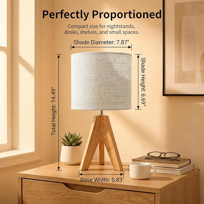 Tripod Table Lamp Linen: Small Bedside Lamp with Natural Rubber Wood Base, Wooden Nightstand Lamp for Bedroom Living Room Nursery Office, Mid Century Modern Desk Lamp, E26 Socket