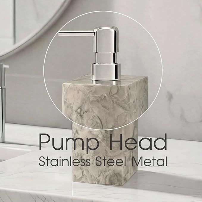 2 Set Real Natural Marble Soap Dispenser with Stainless Steel Pump – Decorative Liquid Hand Soap Bottle for Kitchen & Bathroom, Compatible with Lotion, Dish Soap & Shower Gel (Grey)