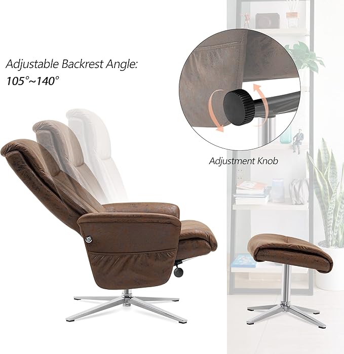 MCombo Swivel Recliner with Ottoman, Modern Heavy-Duty Aluminum Base, Faux Leather Lounge Chair for Small Space, Living Room, or Office 4603 (Brown)