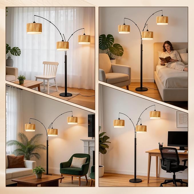 Boho Arc Floor Lamp for Living Room, Rattan Floor Lamp with Stepless Dimmable Switch, Farmhouse Standing Lamp with Wicker&Fabric Shade, Industrial Black Tall Lamp for Bedroom Over Couch Corner
