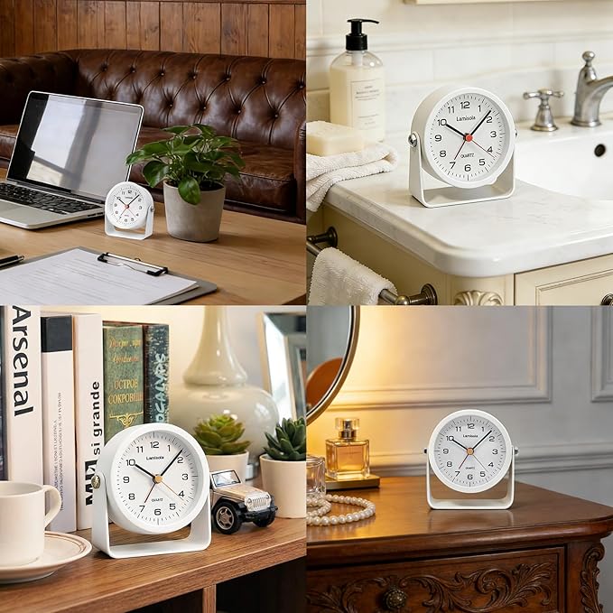 Lamisola 3.5 Inch Small Desk Alarm Clock, Battery Operated Analog Silent Clock with Night Light, Retro Vintage Metal Bedside Clock for Bedroom, Office, Bathroom, Dorm, Shelf, Table - White