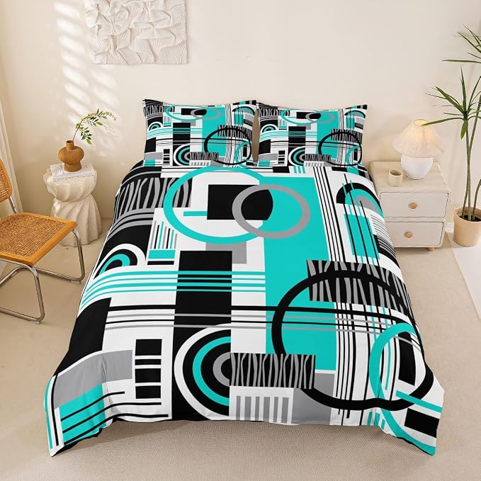 Erosebridal Art Deco Mid Century Duvet Cover Set Retro Modern Abstract Geometric King Bedding Set for Adult Men Black and White Teal Circles Stripes Comforter Cover Contemporary Bed Sets