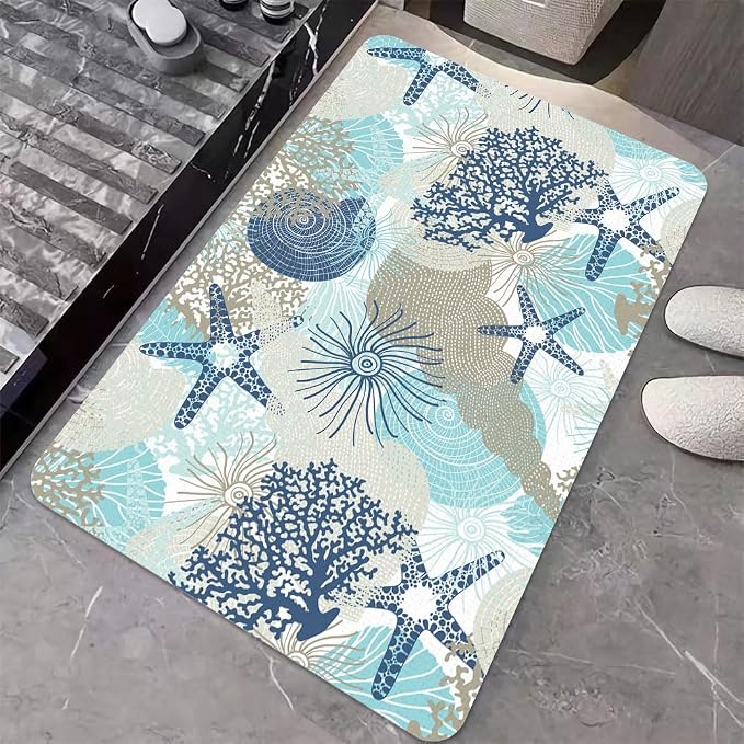Diatomaceous Earth Bath Mat,Cute Corals and Seashells Non-Slip Volume Super Absorbent Fast Drying for Bathroom Kitchen mat,Eco-Friendly Easy to Clean 16×24Inch (40 * 60cm)