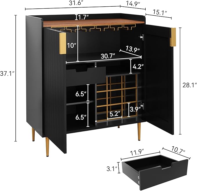 ARTPOWER Sideboard Buffet Cabinet with Fluted Texture, Modern Coffee Bar Cabinet with Wine Rack&Drawers, Black Liquor Cabinet for Kitchen Dining Room, Living Room