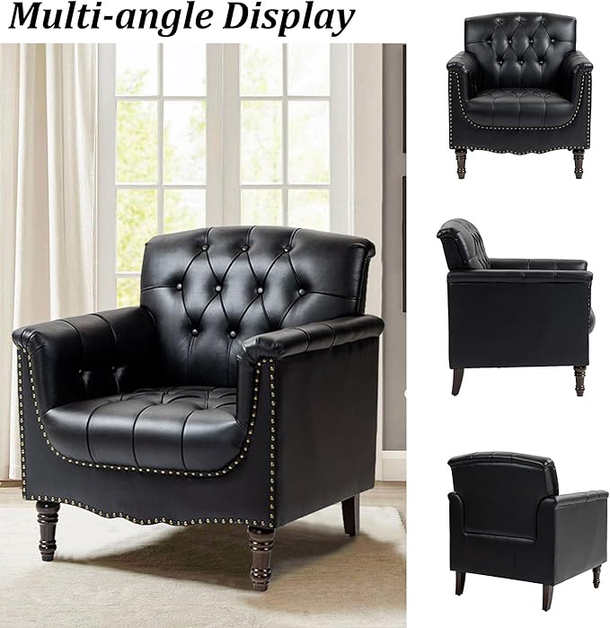 Faux Leather Accent Chair, PU Leather Modern Comfy Upholstered Armchair with Wood Legs & Nailhead Trim for Living Room, Bedroom (Black,Set of 1)