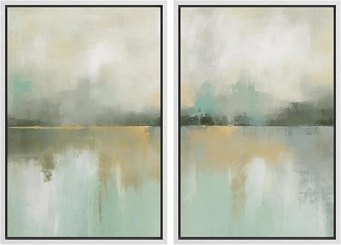 IDEA4WALL Framed Canvas Print Wall Art Set Golden Mist Lake Abstract Water Landscape Illustrations Modern Art Decorative Coastal Cottage Seascape for Bedroom - 24"x36"x2 White
