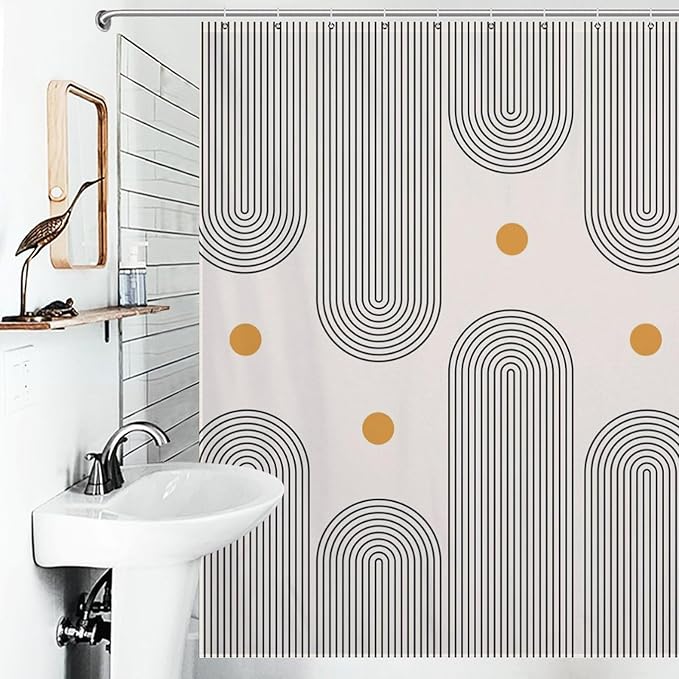Boho Mid Century Shower Curtain, Minimalist Abstract Arch Sun Modern Bathroom Curtain Polyester Waterproof Fabric Decor 72x72in（183x183cm）