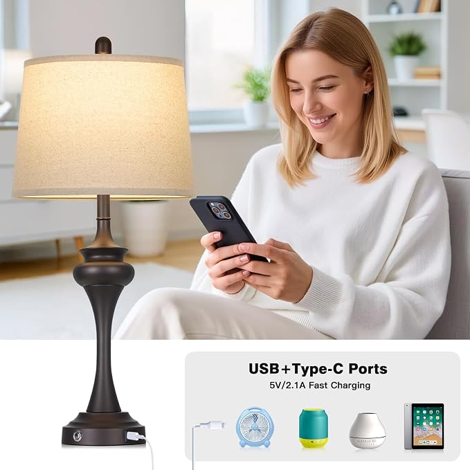 Rinweey 30" Brown Table Lamps for Bedroom, 3-Way Touch Control Bedside Lamps Set of 2, Tall Lamp for Living Room with USB A+C Ports, Elegant Coffee Night Stand Lamp for End Table, 2 Bulbs Included