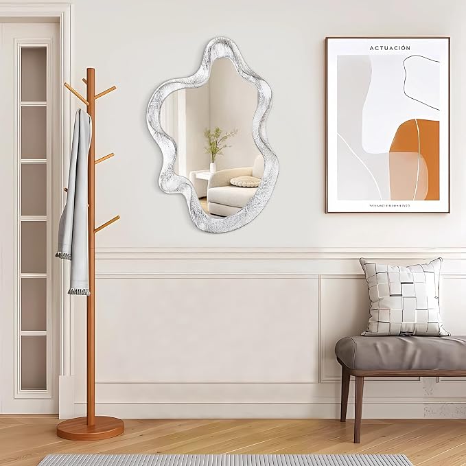 Asymmetrical Mirror Wood Frame Irregular Wall Mirror Unique Shape Wavy Wall Mirror Modern Artistic Cloud Mirror Decorative for Living Room Bedroom Cloakroom Bathroom Entryway Hallway White