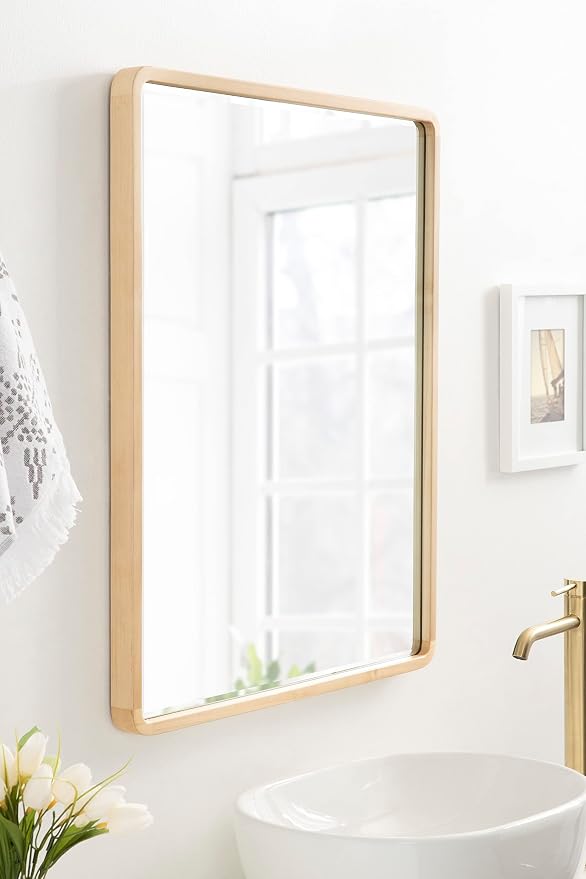 Kate and Laurel McLean Mid-Century Wood Framed Rounded Rectangle Wall Mirror, 24 x 30, Natural Poplar, Decorative Round Rectangular Mirror for Contemporary Wall Decor
